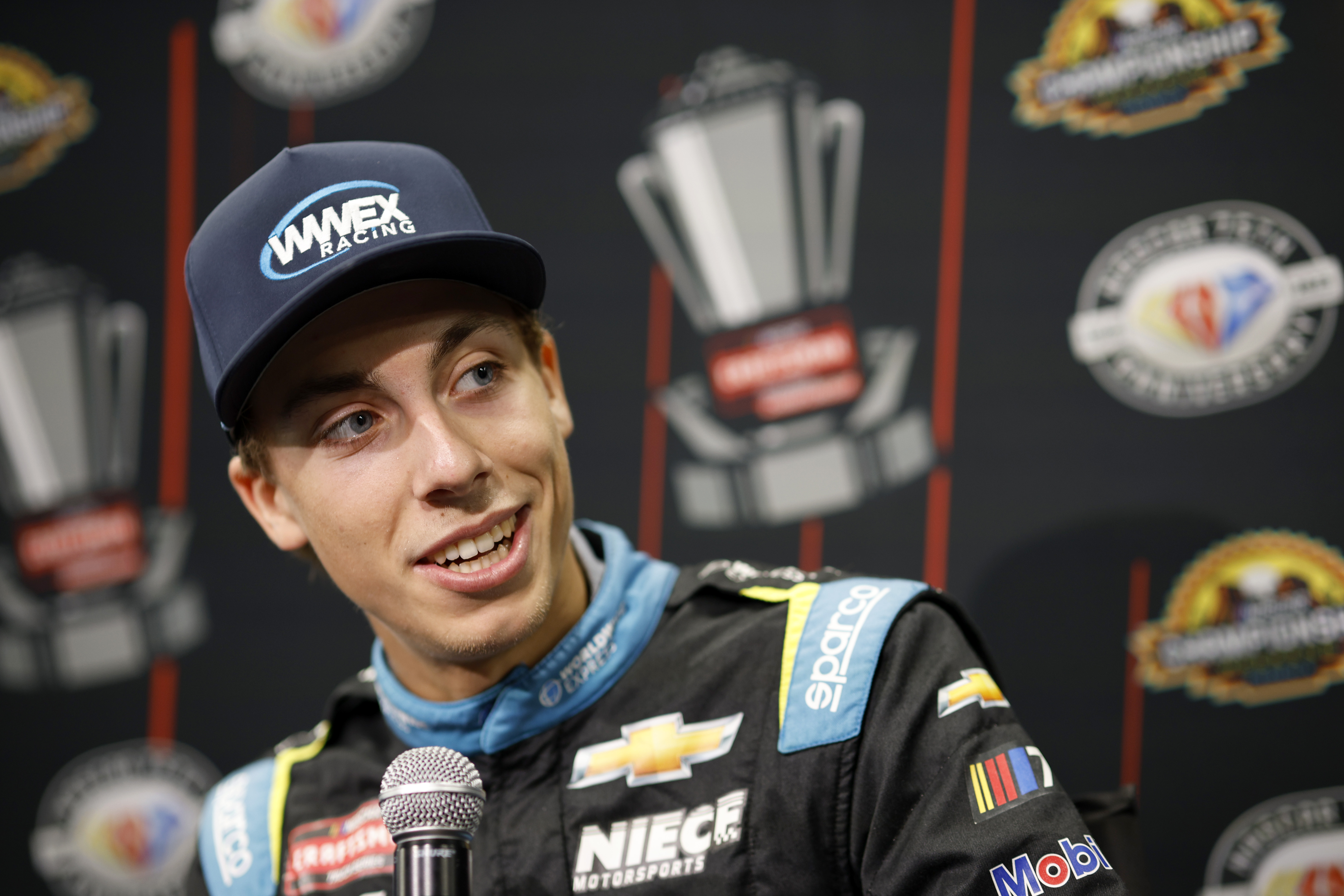 Carson Hocevar speaks to the media during Thursday's NASCAR Championship Media Day at Phoenix Raceway. (Photo by Sean Gardner/Getty Images)